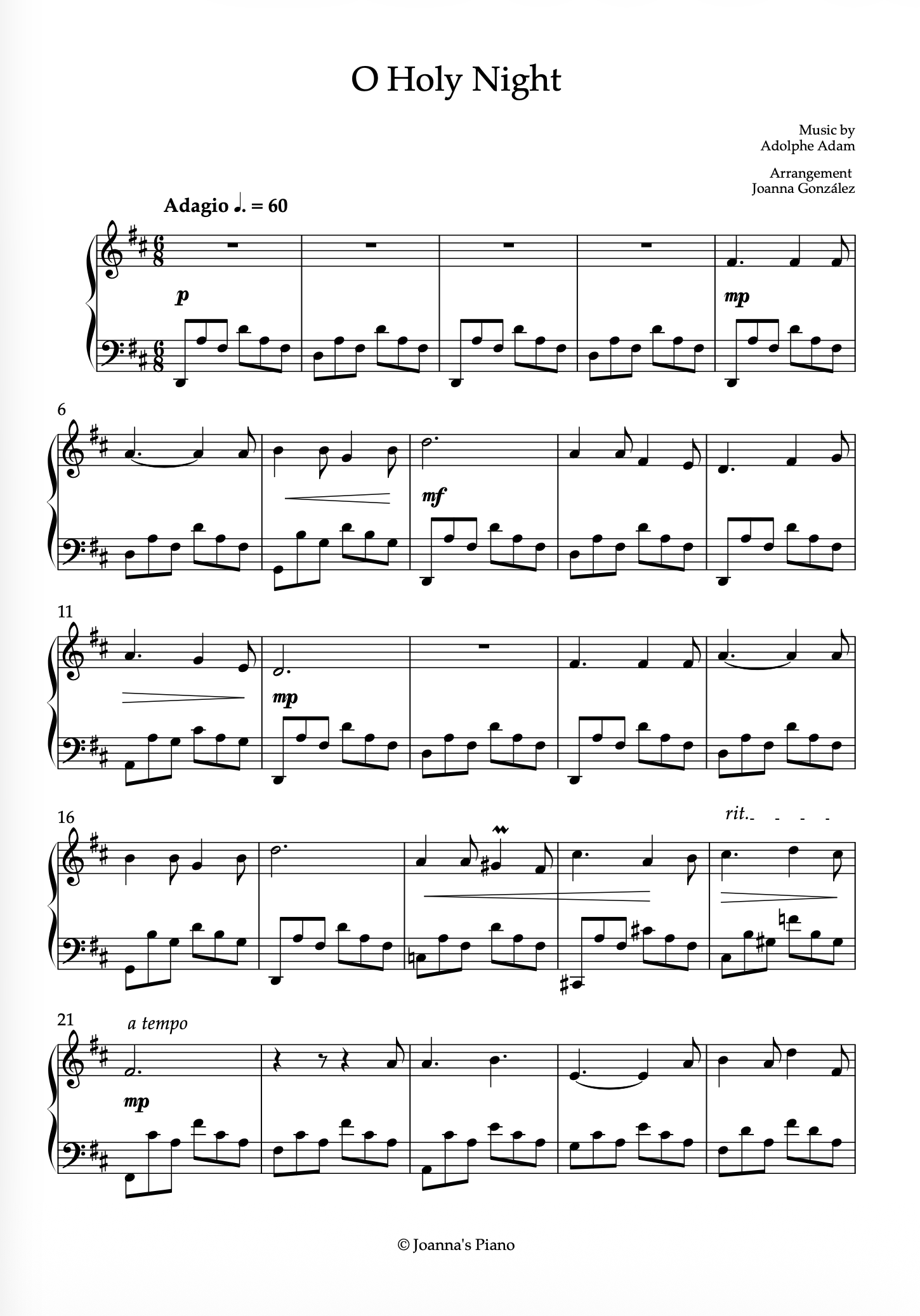 Partitura · O Holy Night — arreglo de Joanna González